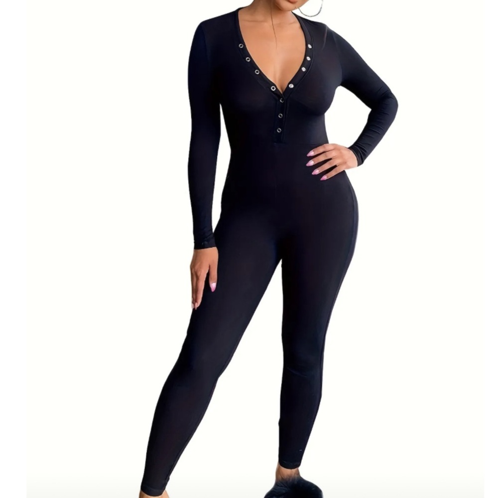 Black Long Sleeve V-Neck Button Front Jumpsuit | Stretch Lounge One Piece